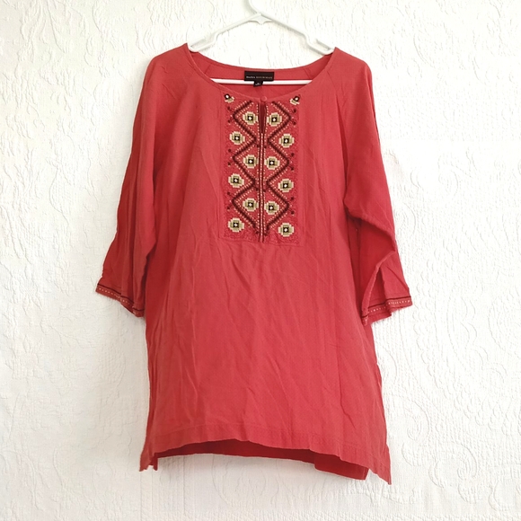 Dana Buchman Tops - Dana Buchman Red Embroidered Long Tunic Shirt Boho Hippie Coral Cream Light XL